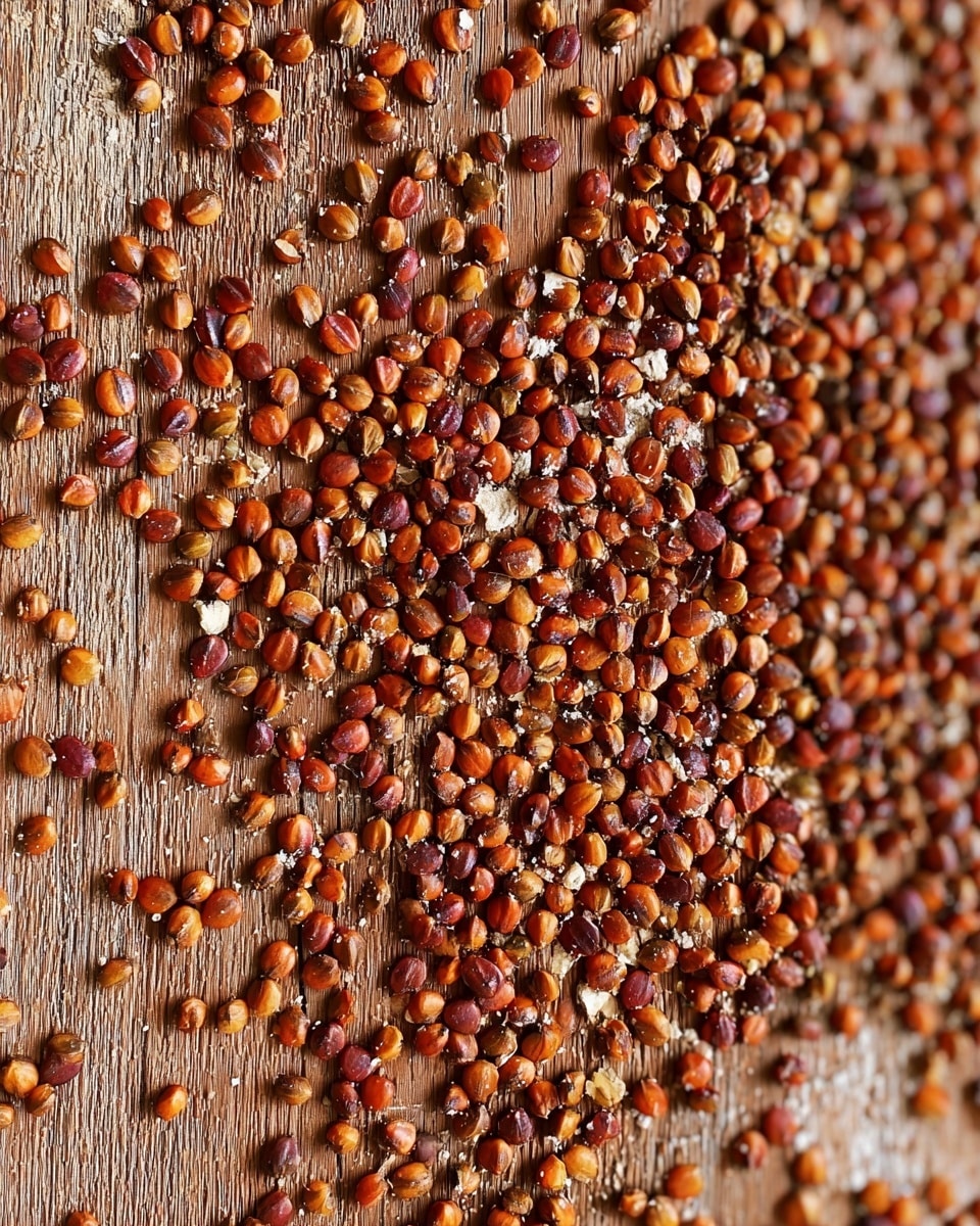The image shows a close-up view of many small, round reddish-brown seeds spread thinly and unevenly across a wooden textured surface. The seeds have a matte texture with some light spots of white powder or dust scattered on them. The colors range from deep reddish-brown to lighter orange-brown shades, creating a natural and earthy look. photo taken with an iphone --ar 4:5 --v 7