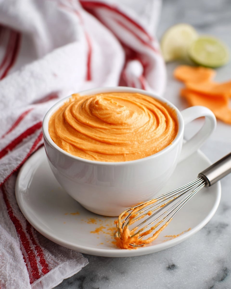 A white cup with a bright orange creamy spread inside, swirled smoothly on the top layer, sits on a matching white saucer. Next to the cup lies a whisk with some of the same orange spread clinging to it, and in the blurred background, there is a white cloth with red stripes and some unevenly cut orange and lime pieces on a white marbled surface. Photo taken with an iphone --ar 4:5 --v 7