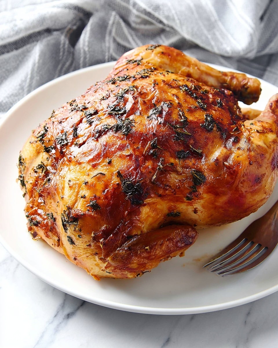 A roasted whole chicken with crispy, golden brown skin, sprinkled with small pieces of dark green herbs, sits on a plain white plate. The chicken has a textured, shiny surface with some darker browned spots showing it is well cooked. It is positioned slightly angled with the leg and wing visible, and a metal fork is partly seen on the right side under the chicken. The plate rests on a white marbled surface with a soft-focus gray and white striped cloth in the background. photo taken with an iphone --ar 4:5 --v 7