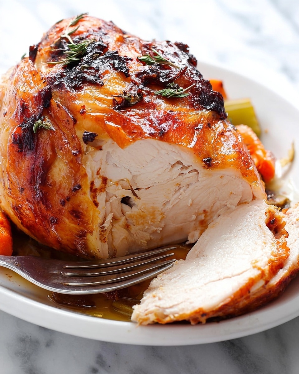 A close-up view of a roasted chicken piece with golden-brown, crispy skin showing a few herbs on top. The chicken is sliced to reveal its white, juicy interior meat. It rests on a white plate with some cooked vegetables, including a visible orange carrot and light green vegetable bits underneath. A silver fork is placed on the plate near the chicken. The background surface is a white marbled texture. Photo taken with an iphone --ar 4:5 --v 7