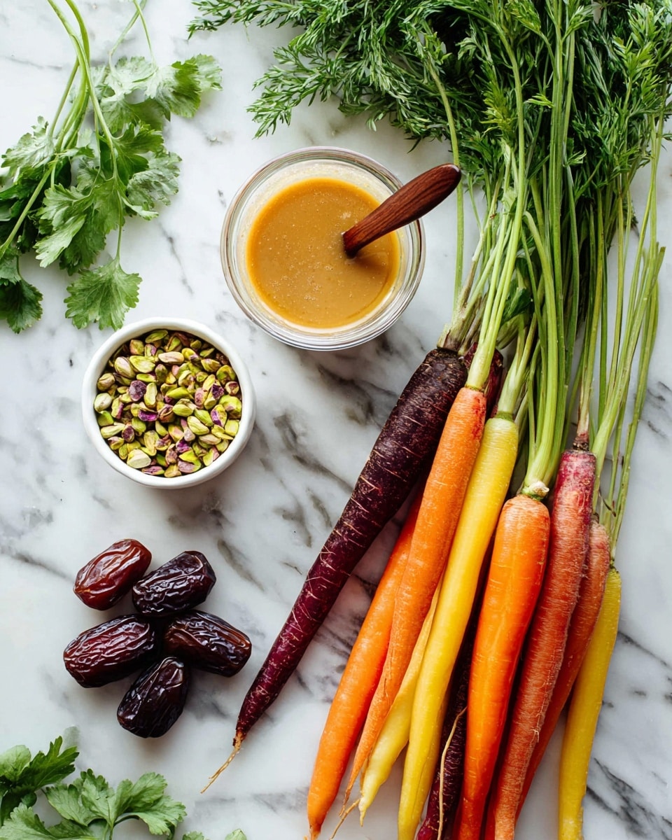 A bunch of fresh carrots with green tops, showing three colors: orange, yellow, and purple, lie on a white marbled surface to the right. To the left, there is a small white bowl filled with chopped pistachios, three whole dark brown dates, and a small glass bowl containing a light brown sauce with a wooden spoon inside. Green leafy herbs, possibly cilantro or parsley, are placed around the bowls, adding a fresh touch to the scene. photo taken with an iphone --ar 4:5 --v 7