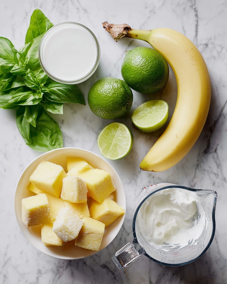 The image shows fresh ingredients on a white marbled surface: bright green basil leaves at the top left, two whole green limes with shiny texture near the center, and one lime sliced in half showing light green flesh. Below the limes, a peeled banana with soft yellow color lies next to a glass of white milk on the left. To the bottom right, there is a white bowl filled with yellow frozen mango cubes covered in frost. A metal juice squeezer with a silver metallic look is near the limes. A measuring cup filled with white yogurt or cream is at the bottom, partially visible with a metal handle. photo taken with an iphone --ar 4:5 --v 7