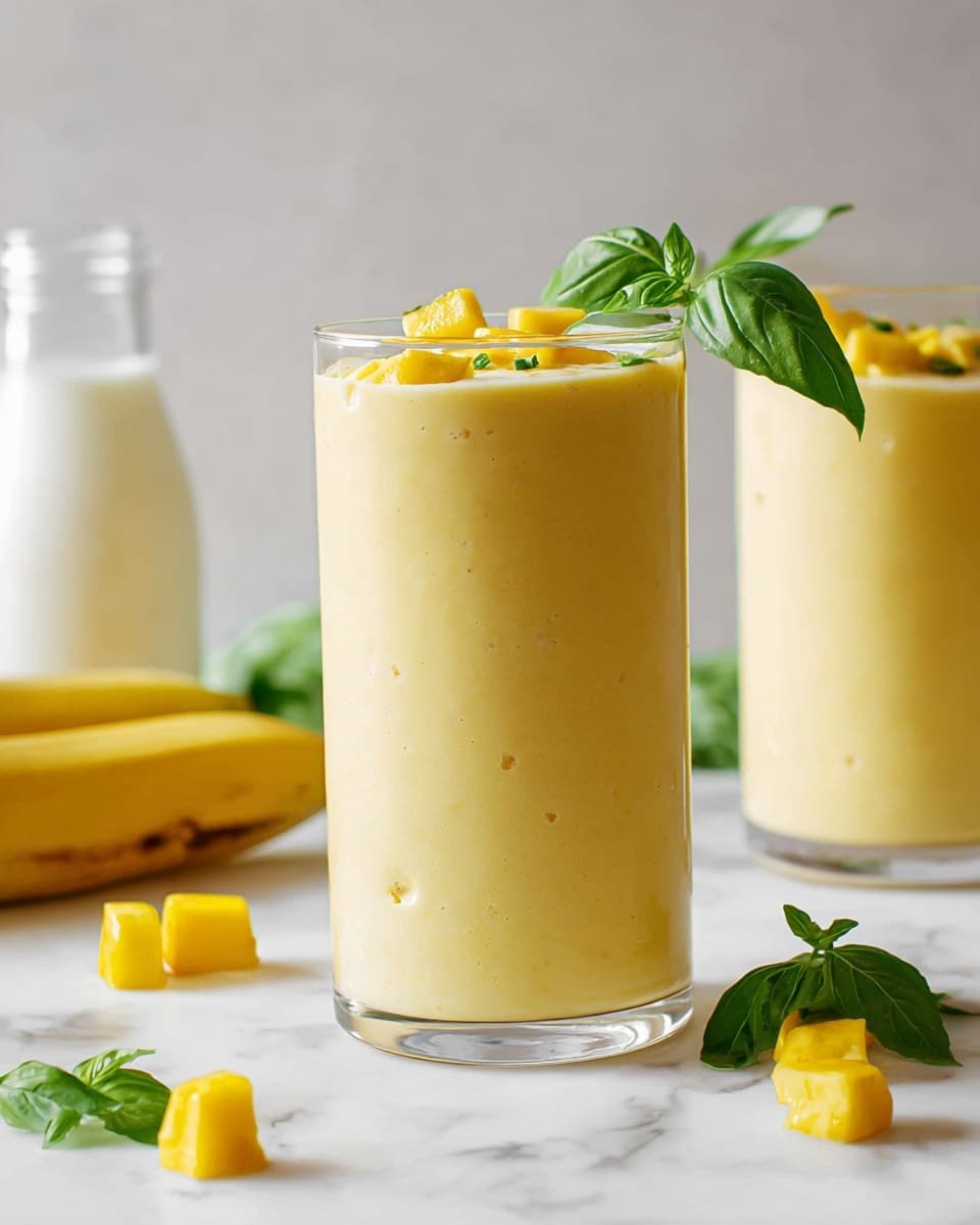 A clear glass is filled with a thick, creamy yellow smoothie being poured from a clear pitcher, the smoothie having a smooth, slightly textured surface with small bubbles. The glass is placed on a white marbled surface. In the background, a whole yellow banana and a small plant with green leaves are slightly blurred. Another clear glass with the same yellow smoothie is placed further back on the right side. The photo taken with an iphone --ar 4:5 --v 7