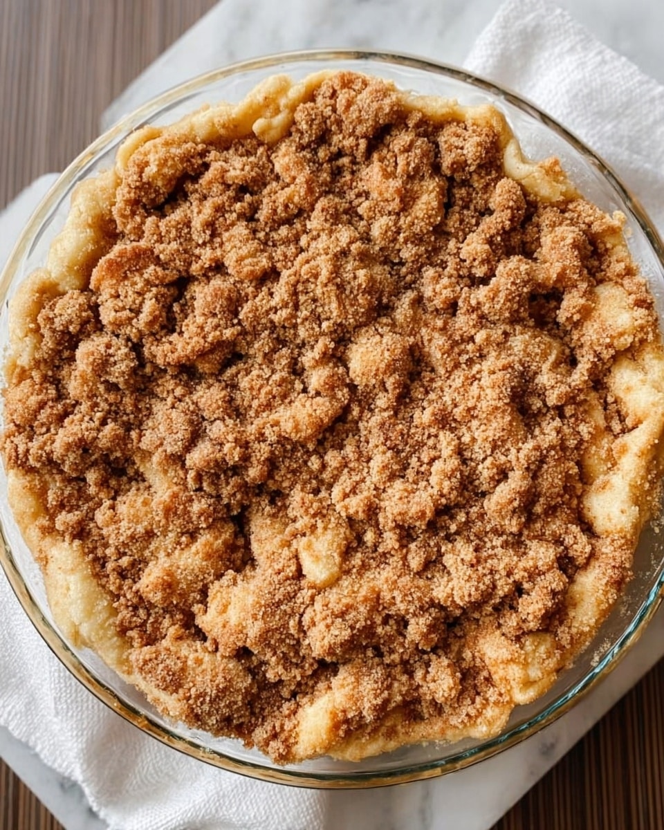 A round glass pie dish filled with a dessert that has about two main layers: the bottom layer is made of soft, light golden baked dough that appears fluffy and slightly thick; on top, there is a generous, crumbly topping of a darker brown color that looks grainy and unevenly spread, creating small clumps and rough texture across the whole surface. The pie is placed on a white marbled surface with a white cloth nearby, adding a cozy, home-baked feel. Photo taken with an iphone --ar 4:5 --v 7