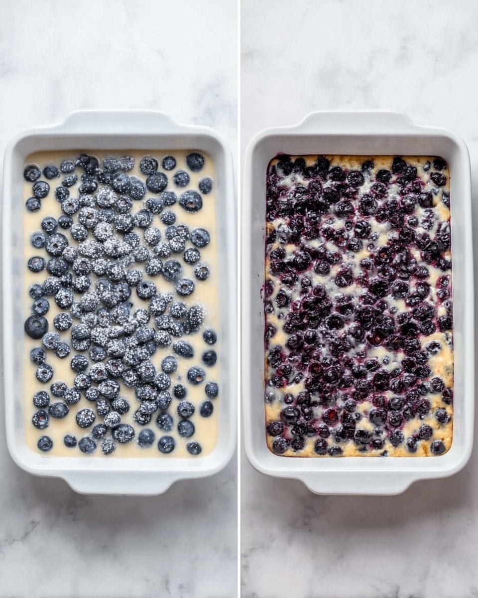 The image shows two white rectangular baking dishes placed side by side on a white marbled surface. The dish on the left contains an uncooked mixture with a creamy pale batter spread evenly at the bottom, topped with a single layer of fresh blueberries scattered uniformly, some dusted lightly with white powder. The dish on the right shows the same baking dish after baking, with the blueberries now darkened and slightly shriveled, mixed into a golden-brown baked surface that looks textured and soft, with the blueberries still clearly visible and surrounded by small clusters of crust. photo taken with an iphone --ar 4:5 --v 7