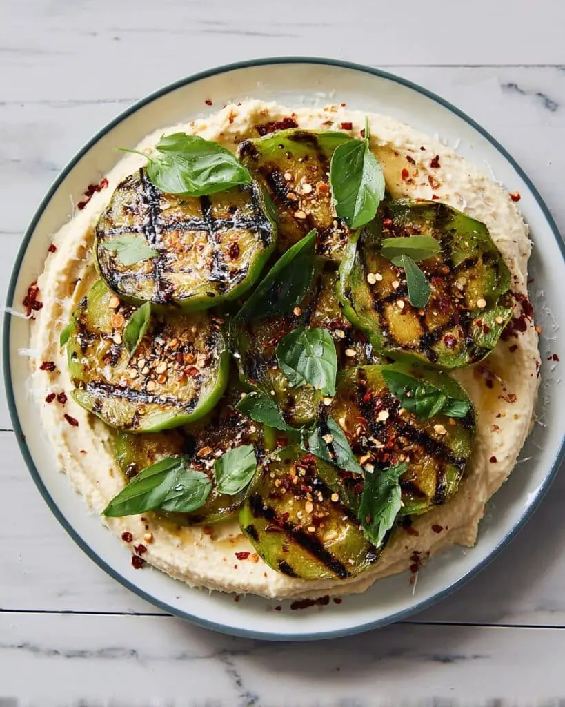 Grilled Green Tomatoes with Goat Cheese, Basil, and Lemon Recipe