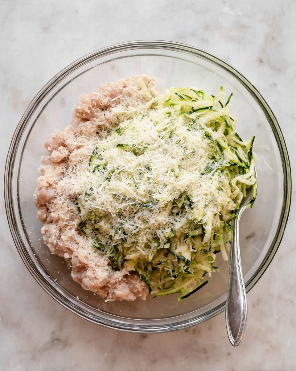 A clear glass bowl sits on a white marbled surface filled with three main layers: the bottom layer is raw ground chicken with a light pink color and soft texture, the middle layer is shredded green zucchini with thin, fresh strands spread in the center, and the top layer is white grated Parmesan cheese sprinkled over both the chicken and zucchini. A silver spoon is partially visible inside the bowl on the right side, resting on the ingredients. photo taken with an iphone --ar 4:5 --v 7