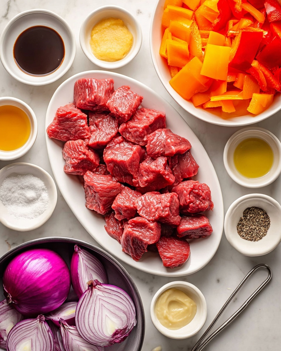 The image shows an arrangement of ingredients on a white marbled surface. At the center is a white oval plate filled with chunks of raw red meat. To the top right, there is a white bowl with large pieces of orange and red bell peppers. Below and left of the meat plate, a dark bowl contains large pieces of purple and white onion. Surrounding these main items are small white bowls holding various ingredients: a golden-yellow liquid, dark brown soy sauce, coarse salt, ground black pepper, a pale yellow mustard, and minced garlic. Two metal skewers lie on the bottom right corner. The colors contrast well, with red, orange, purple, and yellow tones against the white plates and background. photo taken with an iphone --ar 4:5 --v 7