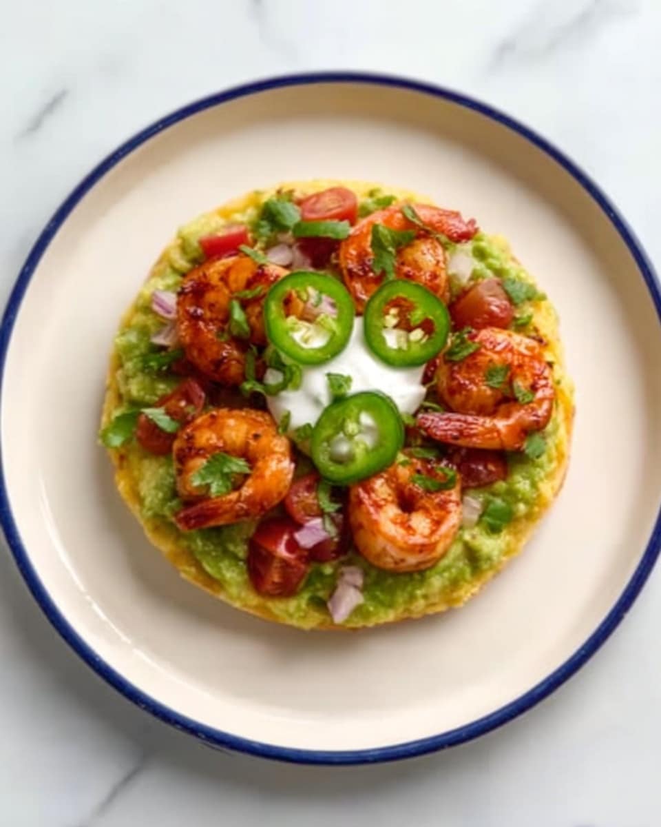 A white plate with a thin blue rim holds a round, layered dish. The bottom layer is light yellow and smooth, topped with green mashed avocado spread evenly. On top, several well-cooked shrimp with a shiny, reddish-orange color are placed, scattered with small red tomato pieces and a few bright green jalapeño slices. In the center, there is a small dollop of white cream, adding contrast to the colorful toppings. The plate is set on a white marbled surface. photo taken with an iphone --ar 4:5 --v 7