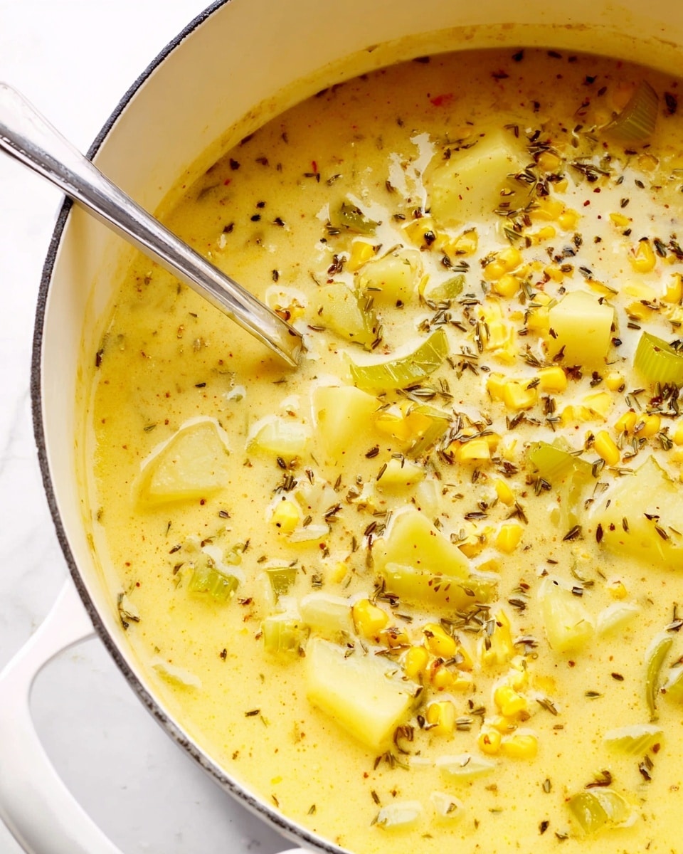 A close-up view of a white pot filled with creamy yellow soup, showing visible small soft chunks of potatoes and slices of green celery floating in the thick broth. There are also pieces of corn kernels scattered in the soup, along with tiny dark herb flakes spread evenly across the surface. A silver spoon is placed inside the pot on the left side, touching the soup. The pot sits on a white marbled surface with bright lighting highlighting the warm colors and creamy texture of the soup photo taken with an iphone --ar 4:5 --v 7
