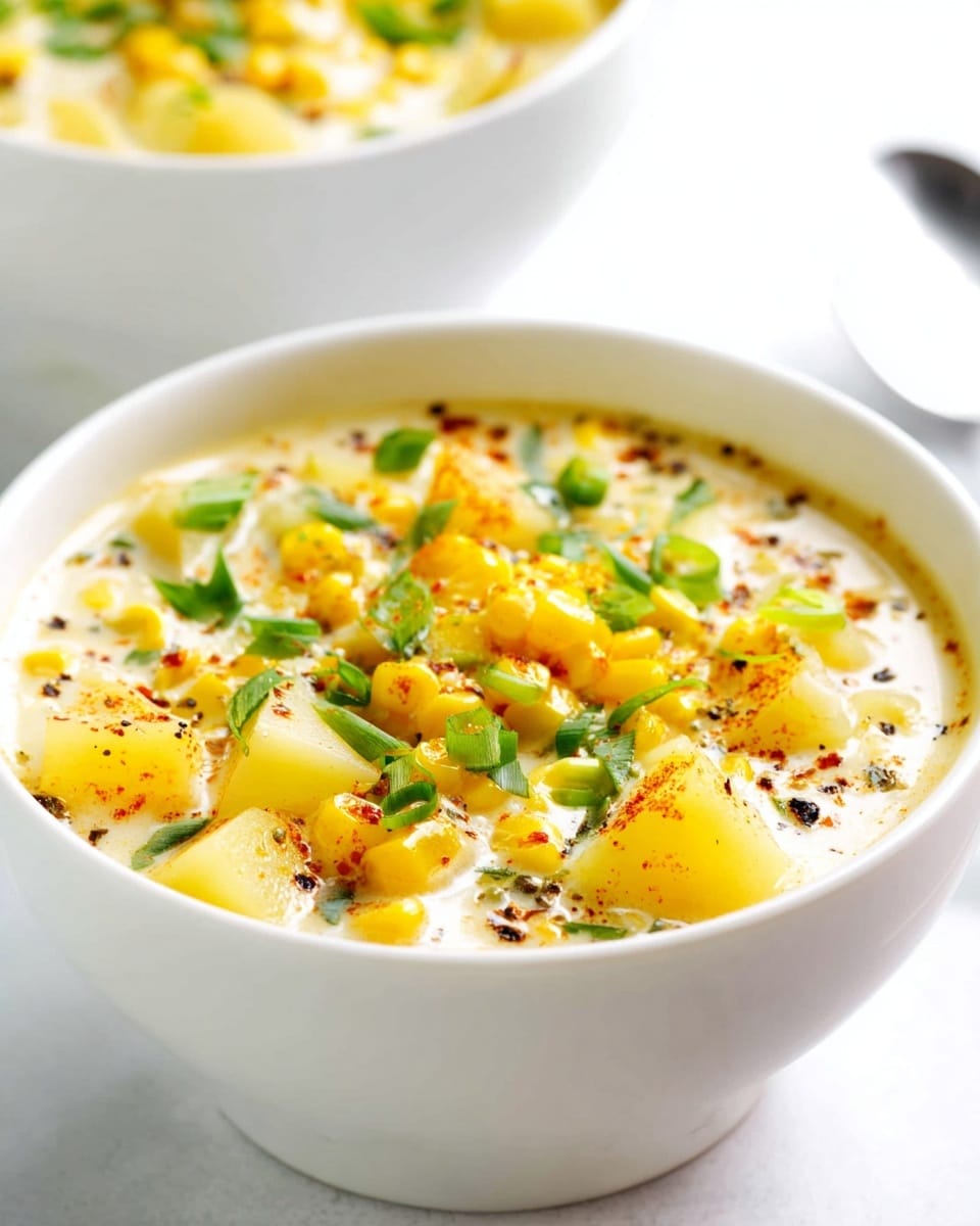 A white bowl filled with creamy soup that has chunks of light yellow potatoes, bright yellow corn kernels, and is topped with chopped green onions and a sprinkle of black pepper and reddish spices. The soup has a thick light cream color with visible ingredients spread evenly. Another similar bowl is blurred in the background on a white marbled surface. Photo taken with an iphone --ar 4:5 --v 7