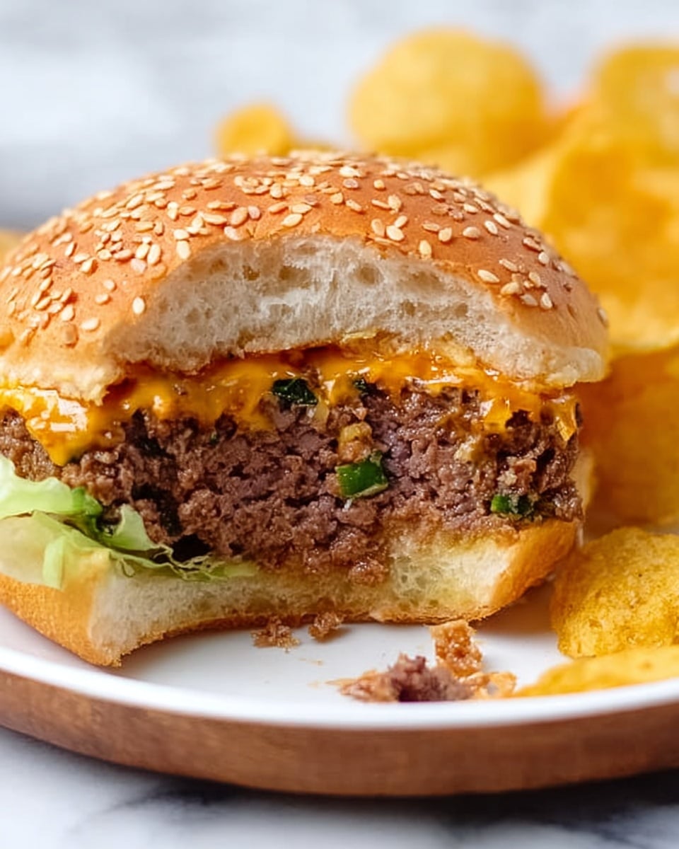 A close-up view of a partially bitten burger on a white plate, resting on a white marbled surface. The burger has a sesame seed bun on top, with one thick layer of cooked minced beef mixed with small green pieces. Below the meat is a layer of melted orange cheese that drips slightly down the side. At the bottom, there is a layer of green lettuce and a small piece of cooked beef falling out on the plate. Around the burger, crispy yellow potato chips are scattered, adding texture and color contrast. The photo taken with an iphone --ar 4:5 --v 7