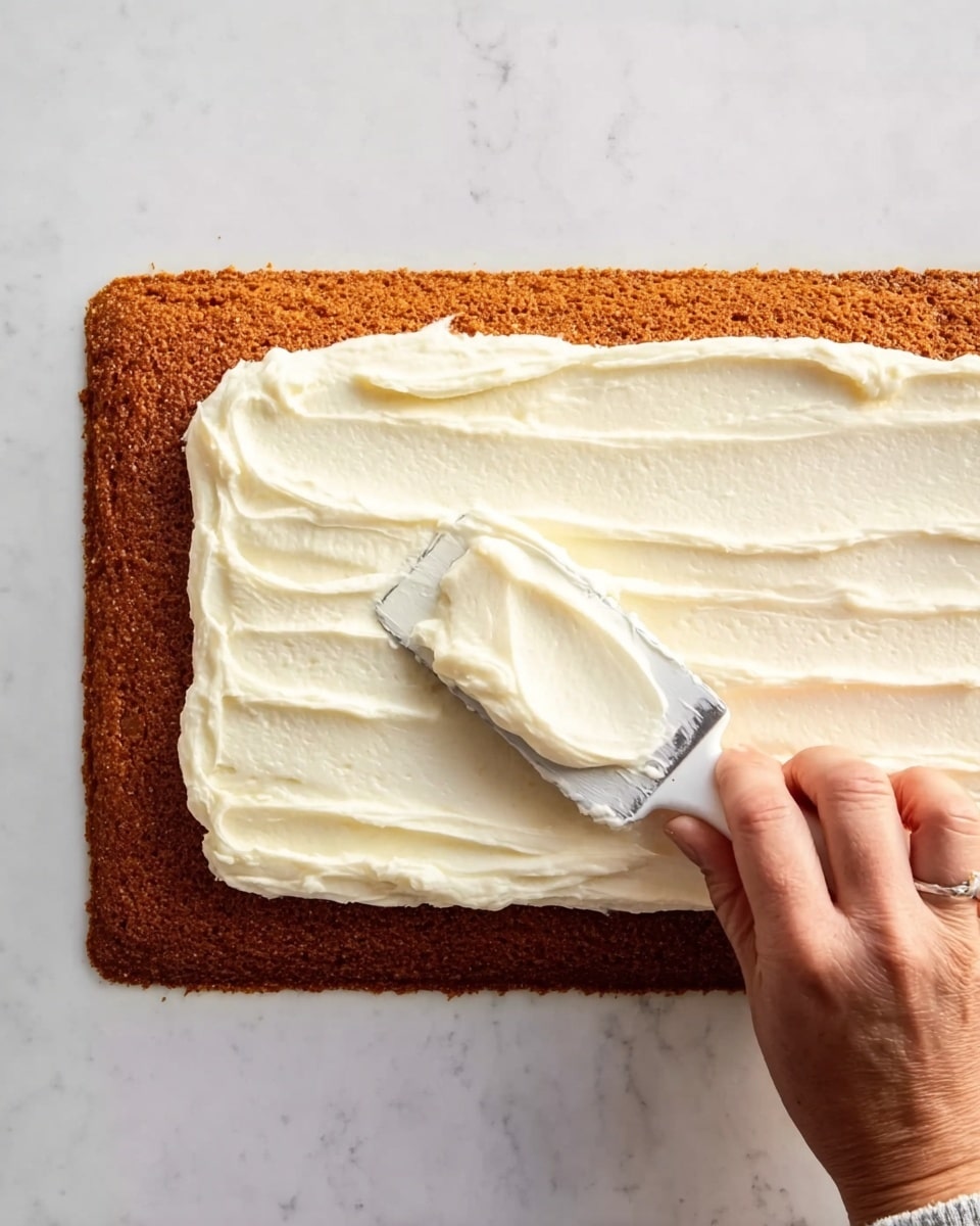 The image shows a rectangular brown cake layer with a rough texture lying flat on a white marbled surface. On top, a thick layer of smooth, creamy white frosting is being spread evenly with a flat spatula by a woman's hand, positioned on the right side of the frame. The frosting contrasts with the darker cake underneath as it spreads from the right toward the left side. Photo taken with an iphone --ar 4:5 --v 7
