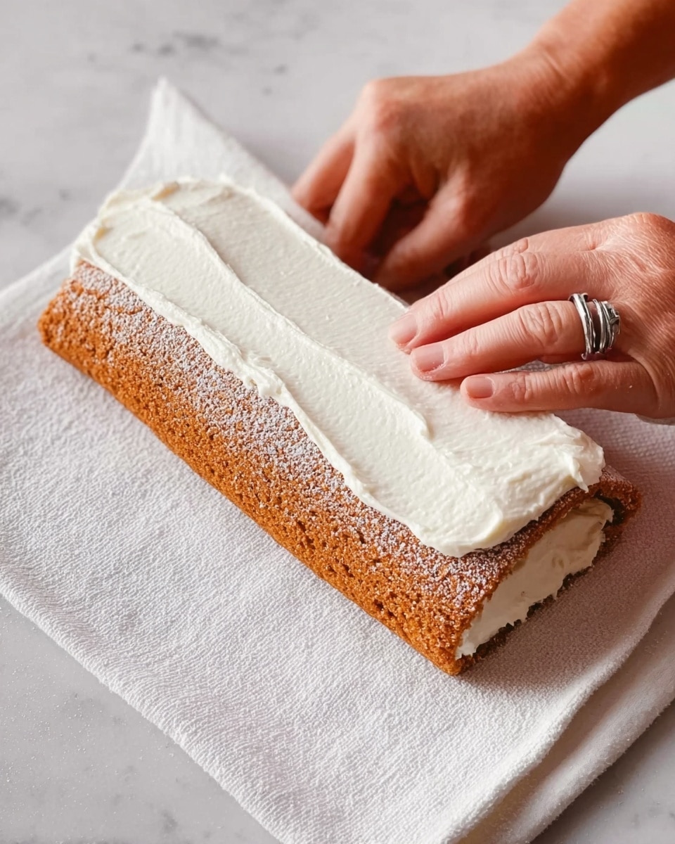 A close-up of a rectangular brown cake being rolled up by woman's hands wearing a silver ring on the right ring finger. The cake has a light dusting of powdered sugar on top, and a thick, even layer of smooth white cream spread across its surface. The cake is rolling on a white cloth placed on a white marbled surface. The texture of the cake looks soft and spongy, while the cream appears smooth and creamy. Photo taken with an iphone --ar 4:5 --v 7