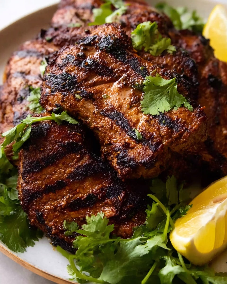A close-up view of a dish with several pieces of grilled meat stacked, showing rich brown and dark charred grill lines on the juicy meat's surface, giving a slightly rough texture. Bright green cilantro leaves are scattered over and around the meat, adding contrast. On the right side, there are lemon wedges with bright yellow rind and pale juicy flesh, with some cilantro leaves near them. The dish rests on a white marbled textured surface. photo taken with an iphone --ar 4:5 --v 7