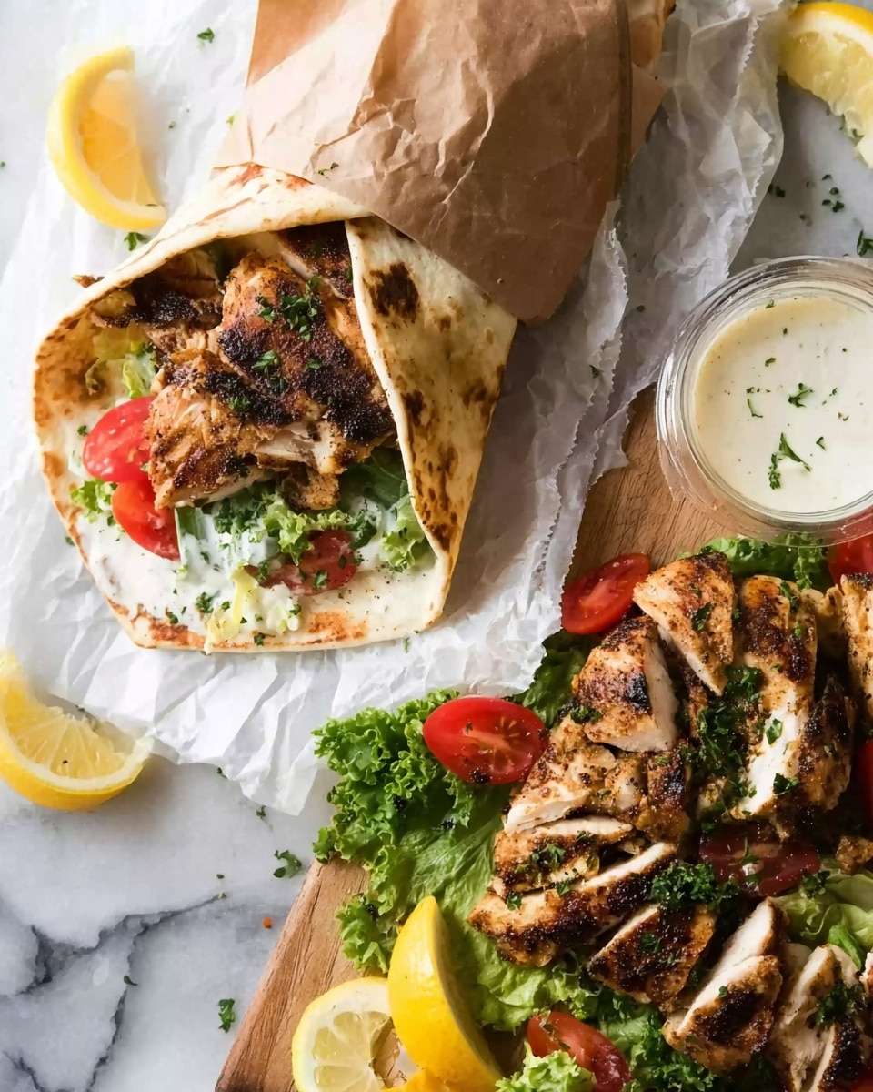 The image shows a grilled chicken wrap placed on a white paper and brown wrapper, with the wrap slightly open to reveal layers of dark brown grilled chicken slices, bright green lettuce, fresh red tomato slices, and a light creamy sauce inside a slightly toasted flatbread. Next to the wrap, there is a wooden board with a larger piece of grilled chicken topped with chopped green herbs, and some sliced grilled chicken arranged nearby. On the side of the board, fresh green lettuce and red tomato slices add a fresh touch. The background is a white marbled surface with lemon wedges and a small clear container of creamy white sauce nearby, creating a fresh and vibrant scene. Photo taken with an iphone --ar 4:5 --v 7