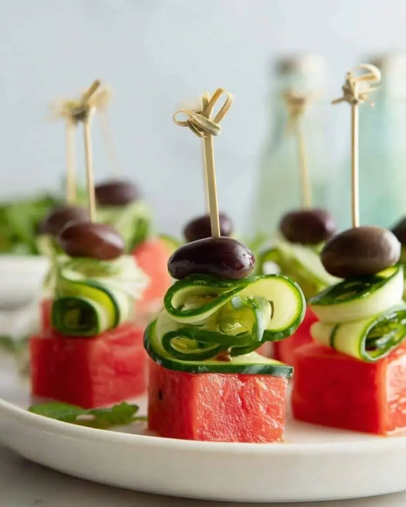 Watermelon Skewers with Mint, Cucumber, and Lime Mint Oil Recipe