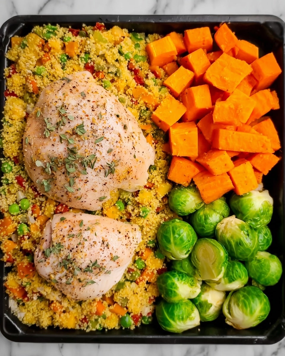 The image shows a tray with three main sections of food. On the left side, there is a layer of yellow couscous mixed with small pieces of green and red vegetables, topped by two raw chicken pieces seasoned with black pepper and herbs. The top right section has bright orange chunks of sweet potato, neatly arranged in small cubes. The bottom right section contains fresh green Brussels sprouts, some whole and some sliced in half, showing their textured inner leaves. The tray is placed on a white marbled surface. photo taken with an iphone --ar 4:5 --v 7