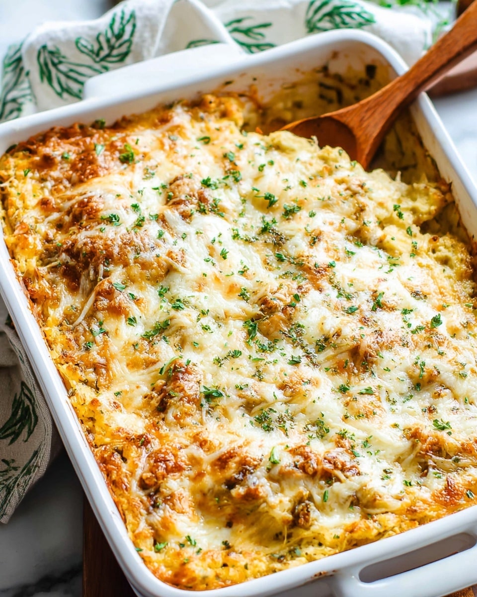 A serving of a casserole dish is placed on a white plate with a silver fork resting on the side. The dish has about four visible layers: a bottom layer of soft white rice mixed with creamy sauce, a middle layer of tender light brown meat, a thick top layer of melted golden-yellow cheese with browned spots, and a sprinkle of chopped green herbs on top. The plate sits on a wooden surface with fresh green parsley leaves nearby and a white marbled background. In the background, there is a white baking dish filled with the same casserole. photo taken with an iphone --ar 4:5 --v 7