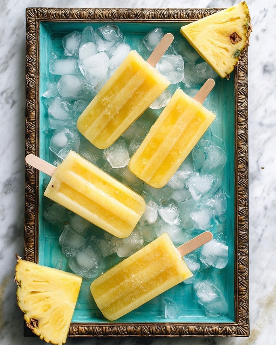 A turquoise tray holds five yellow pineapple popsicles with wooden sticks arranged on a bed of crushed ice, some ice pieces scattered around the popsicles, with two triangular pineapple slices placed at opposite corners of the tray. The tray has a bronze metal frame with intricate designs at the top and bottom edges. The background is a white marbled surface. photo taken with an iphone --ar 4:5 --v 7