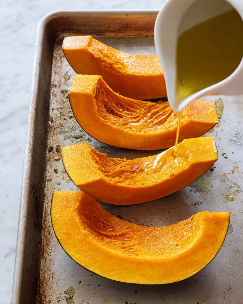 Four bright orange pumpkin wedges with rough textured flesh lie spread out on a metal baking tray. On the right side, a white pitcher pours a thin golden liquid, probably oil, onto one of the wedges. The background is a white marbled surface. photo taken with an iphone --ar 4:5 --v 7
