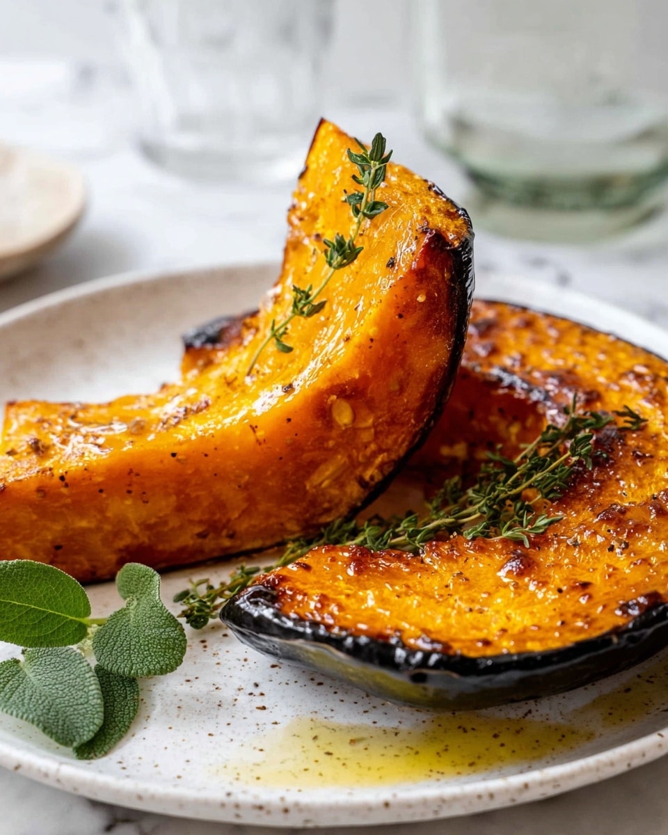 Two pieces of roasted pumpkin with golden orange, shiny, caramelized skin and slightly charred black edges sit on a white speckled plate. One piece is larger and curved, standing upright with a small sprig of fresh green thyme on top, while the other piece lies flat in the corner of the plate. Bright green fresh oregano leaves rest next to the pumpkin on the plate, which has a light drizzle of olive oil underneath. The background is a white marbled surface and a blurred glass cup is visible in the back. Photo taken with an iphone --ar 4:5 --v 7
