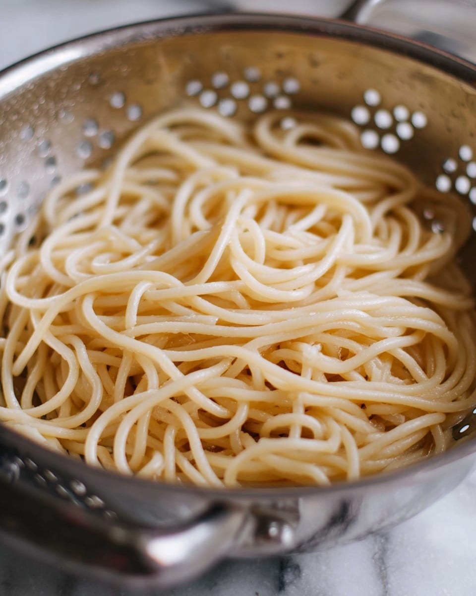 The image shows a close-up of long, thick cooked noodles placed inside a silver metal colander. The noodles have a pale yellow color with a smooth, slightly shiny texture. The colander has small round holes on the sides and is situated on a white marbled surface, with some water droplets visible on the metal. The background is softly blurred, keeping the focus on the noodles in the colander photo taken with an iphone --ar 4:5 --v 7