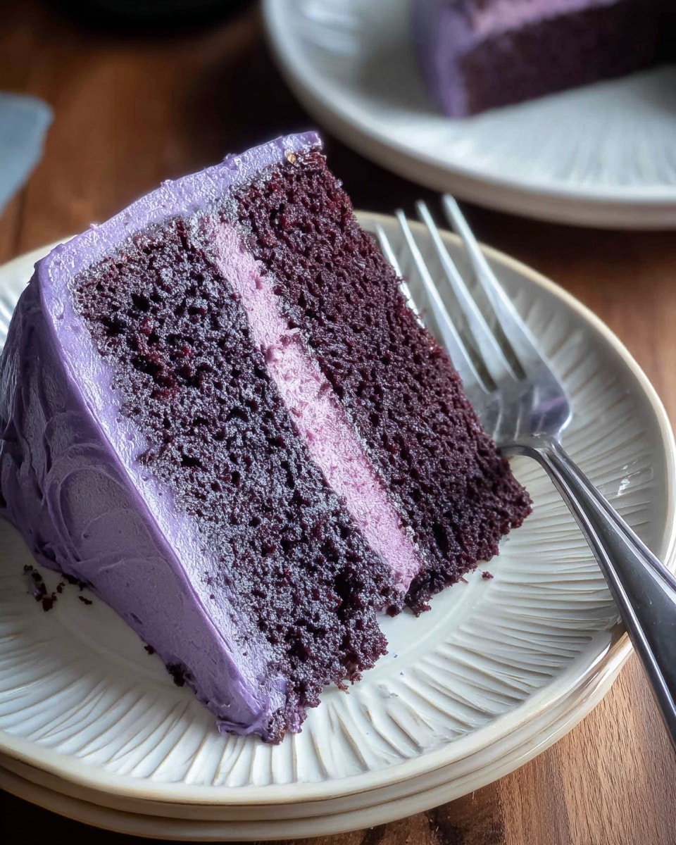 A slice of dark chocolate cake with two thick layers of deep purple frosting in between and around it sits on a white plate with a black ridged rim; the cake texture looks soft and crumbly, and the frosting is smooth and glossy. The white plate rests on a wooden surface, and a white ceramic sculpture with a face leans over the cake, looking down. The photo taken with an iphone --ar 4:5 --v 7