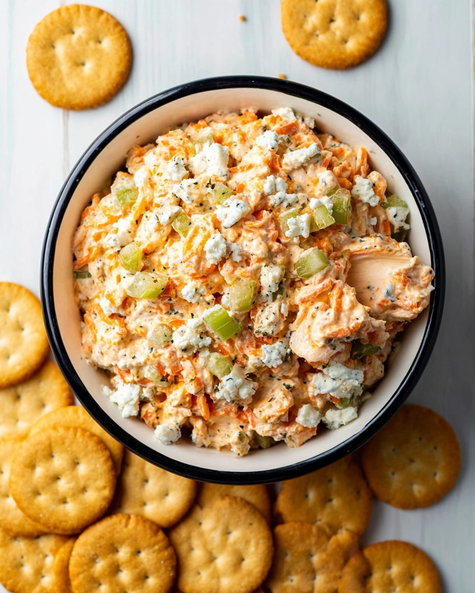 A white bowl with a black rim is filled with a creamy orange salad that shows visible pieces of celery and carrots mixed inside. Small white crumbles of cheese are spread on top, giving a textured look. Around the bowl, there are many round golden crackers, with one cracker placed on the side that has some of the salad spread on it and a bite taken out. The whole scene sits on a white marbled surface, creating a clean and bright background. photo taken with an iphone --ar 4:5 --v 7
