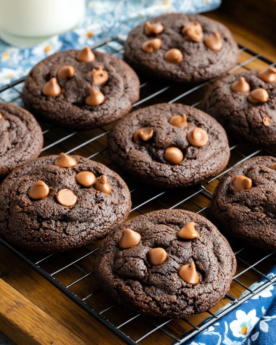 A group of dark brown, soft-looking chocolate cookies sit on a black cooling rack placed over a wooden surface. Each cookie has several light brown chocolate chips scattered on top, some standing upright with smooth shiny tips, while others lie flat showing their round smooth sides. The cookies have a slightly cracked texture on the surface and appear thick and chewy. The background includes a white marbled texture and a blue and white cloth with a floral pattern peeks from the side. Photo taken with an iphone --ar 4:5 --v 7