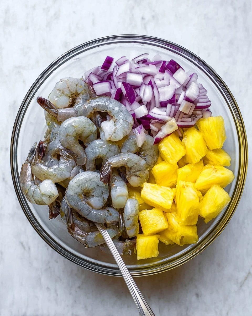 A clear glass bowl sits on a white marbled surface, filled with three distinct layers of ingredients arranged side by side. On the left, there are small pieces of chopped red onion showing white and purple rings. In the middle, raw shrimp with a grayish-blue color, some with tails curled, form the center layer. On the right, bright yellow chunks of pineapple tightly fill the third section. A metal spoon rests inside the bowl among the shrimp. photo taken with an iphone --ar 4:5 --v 7