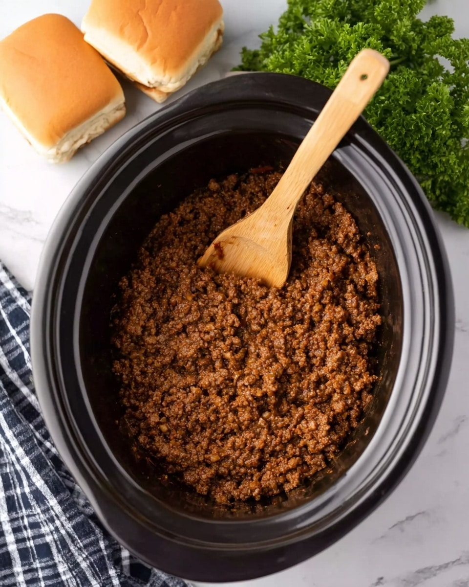 A black slow cooker filled with cooked ground meat that is brown and crumbly in texture, with a wooden spoon resting inside on top of the meat, the spoon handle pointing upward and slightly to the right. To the top left of the slow cooker, there are two soft brown sandwich buns on a white marbled surface, and to the top right, there is some fresh green parsley resting on the same white marbled surface. The edges of a black and white checkered cloth are also visible near the parsley. Photo taken with an iphone --ar 4:5 --v 7