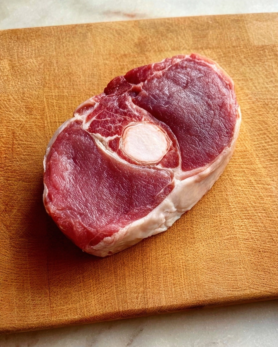 A raw piece of meat with a round bone in the center lies on a wooden cutting board. The meat is deep red with white fat lining the edges, and the texture is moist and fresh. The wooden board has a natural grain and warm golden color that contrasts with the meat. The background is a white marbled texture. photo taken with an iphone --ar 4:5 --v 7