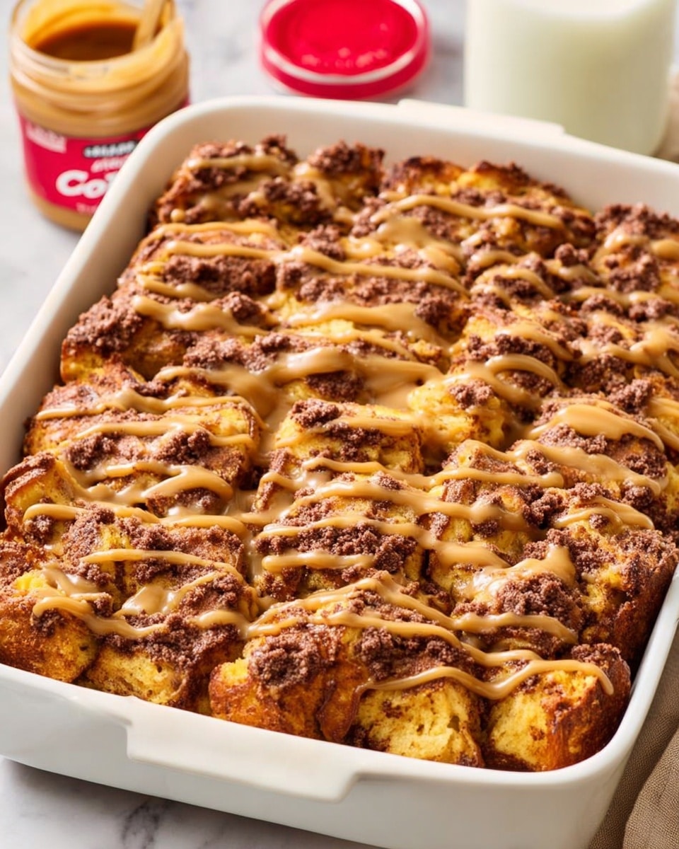 A white rectangular baking dish filled with a layered bread pudding that has a golden brown top with swirls of darker cinnamon and chocolate-colored crumb pieces scattered throughout. The pudding surface is drizzled with a smooth tan caramel-like sauce in irregular lines, enhancing the texture. The bread chunks are bumpy and soft, with some edges crisped darker. Around the dish, there is a white marbled surface with a bottle of milk and a jar of cookie butter with a red lid visible on the side. photo taken with an iphone --ar 4:5 --v 7