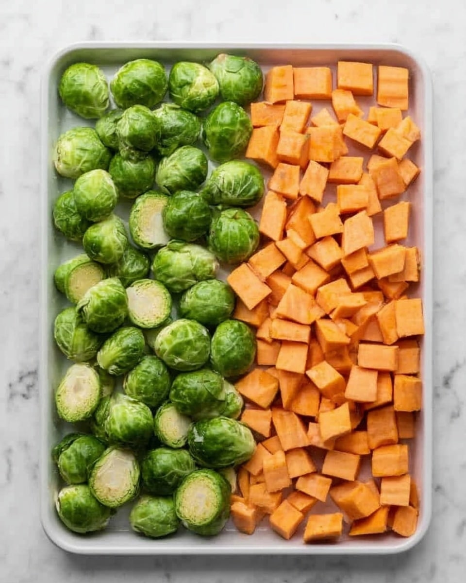 A white tray filled with two sections of vegetables neatly arranged side by side on a white marbled surface. On the left side, there is a single layer of green Brussels sprouts with smooth round shapes, some whole and some halved to show their light insides. On the right side, there is a single layer of small orange cubes of sweet potatoes with a slightly rough texture. The vegetables look fresh and raw, evenly spaced and ready for cooking photo taken with an iphone --ar 4:5 --v 7