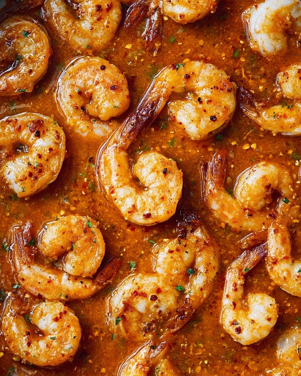 The image shows many cooked shrimp in a rich orange-brown sauce filling the whole frame. The shrimp are plump, white with reddish-brown seasoning dots and have a firm texture. The sauce is oily with visible spices and herbs floating around, creating a glossy surface. The shrimp are evenly spread and slightly curved, showing their full body shape. The background has a smooth white marbled texture. photo taken with an iphone --ar 4:5 --v 7