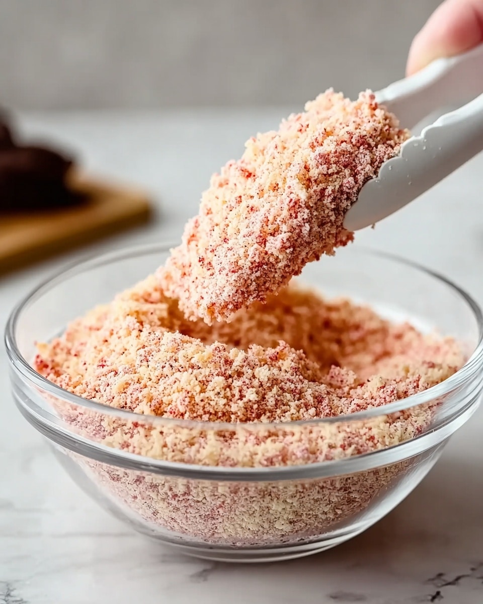 A white bowl filled to the top with crumbly texture made of small pieces in pink and light brown colors, showing a mix of finely crushed crumbs. Next to the bowl, there is a whole ripe red strawberry with green leaves. On a wooden surface, a silver spoon holds some of the crumb mix, with a few crumbs scattered around both the spoon and bowl. The background shows a white marbled texture. photo taken with an iphone --ar 4:5 --v 7