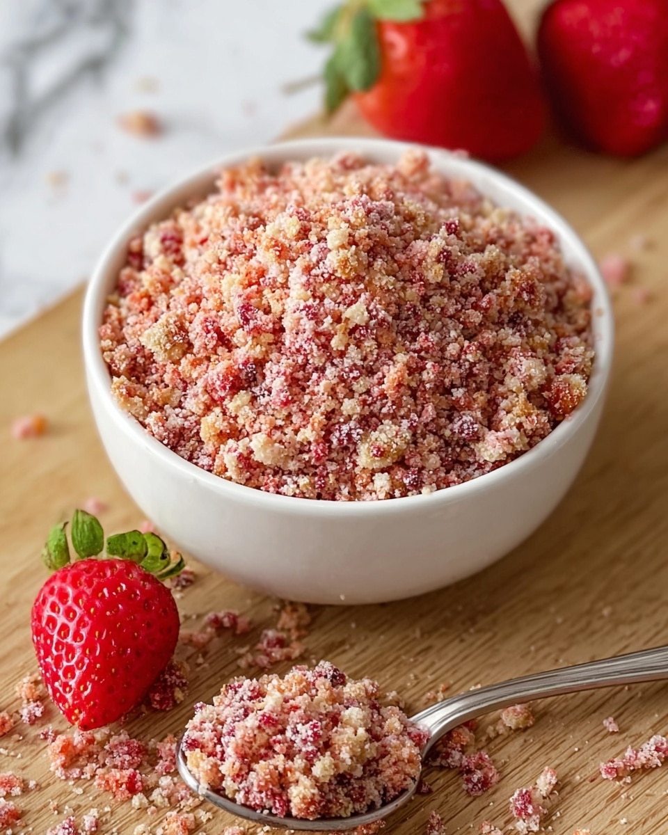 A close-up image of a clear glass bowl filled with fine, crumbly mix in shades of light brown and reddish pink. The mix looks grainy and soft. Above the bowl, a piece of food coated thickly with the same crumb mix is held by a pair of white tongs. A woman's hand is partly visible holding the tongs. The background surface is a smooth white marbled texture with some blurred dark objects in the back. photo taken with an iphone --ar 4:5 --v 7