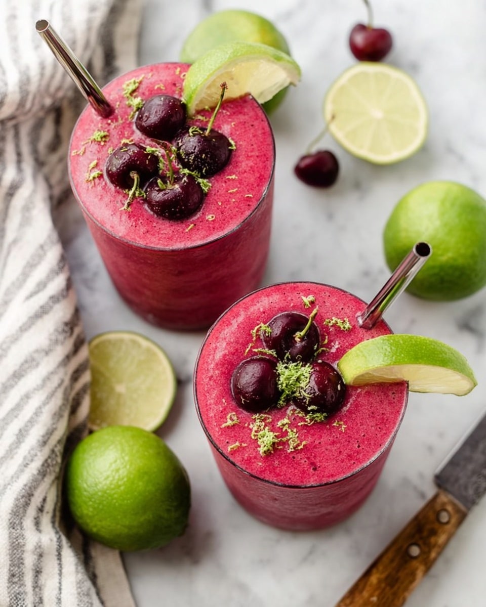 Two glasses filled with a bright pink smoothie topped with three dark red cherries and green lime zest on top. Each glass has a slice of lime on the rim and a metal straw inside. The glasses are placed on a white marbled surface with whole and sliced green limes around. A knife with a wooden handle lies on the side, and a striped cloth is partially visible. photo taken with an iphone --ar 4:5 --v 7