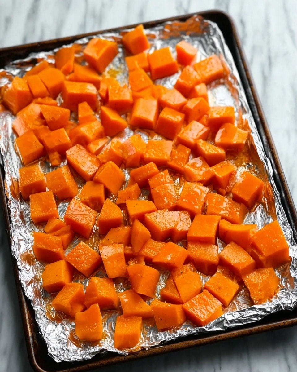 A tray lined with crinkled silver foil filled with bright orange cubes of roasted pumpkin evenly spread across the surface. The pumpkin pieces have smooth, slightly shiny textures suggesting they are cooked and tender. The tray is placed on a white marbled surface with soft natural light highlighting the vibrant color and subtle roasting marks on the pumpkin. Photo taken with an iphone --ar 4:5 --v 7