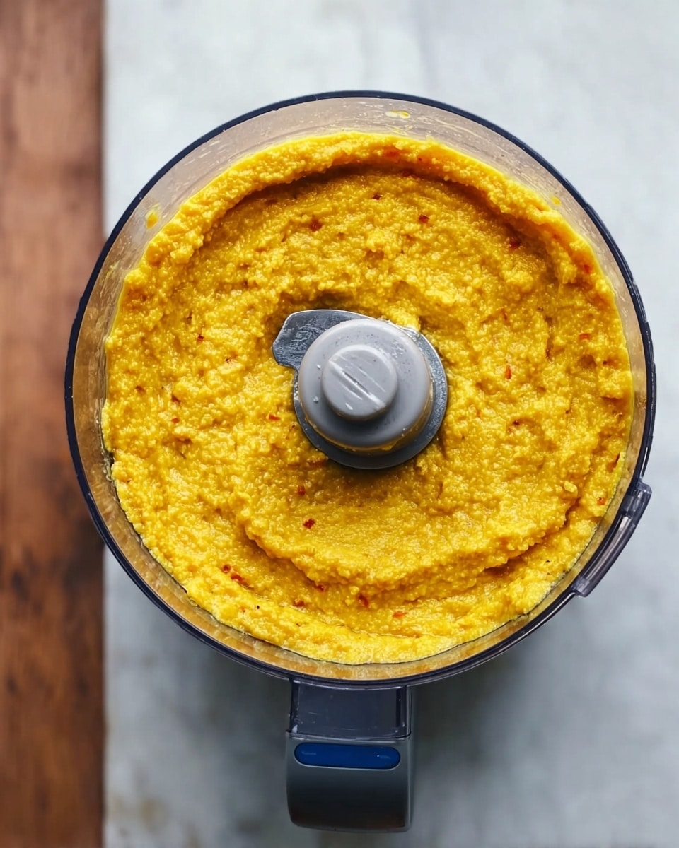 The image shows a food processor bowl filled with a thick, chunky yellow-orange mixture with a slightly coarse texture. The mixture layers evenly fill the bowl, with some small specks of darker orange and light brown visible throughout. The food processor is placed on a white marbled surface, and the lid is off, revealing the sharp blade in the middle. The bowl is clear and the base is metallic gray with a blue button visible. Photo taken with an iphone --ar 4:5 --v 7