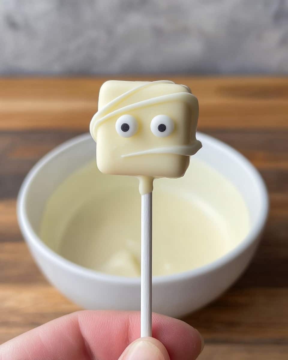 A small square-shaped treat on a white stick is covered in smooth white chocolate with a thin swirl of white chocolate wrapped around it. Two small round white candies with black dots in the center are placed on the front to look like eyes. The treat is held by a woman's hand above a white bowl filled with melted white chocolate. The background shows a wooden surface. photo taken with an iphone --ar 4:5 --v 7