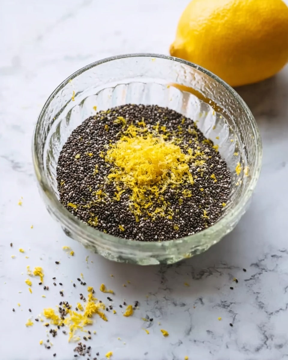 A clear glass bowl on a white marbled surface filled with many small black chia seeds and a small pile of yellow lemon zest on top. The bowl has a shiny texture and reflects light softly. In the top right corner, there is a whole yellow lemon. Small bits of lemon zest are scattered around the bowl on the white marbled surface. photo taken with an iphone --ar 4:5 --v 7