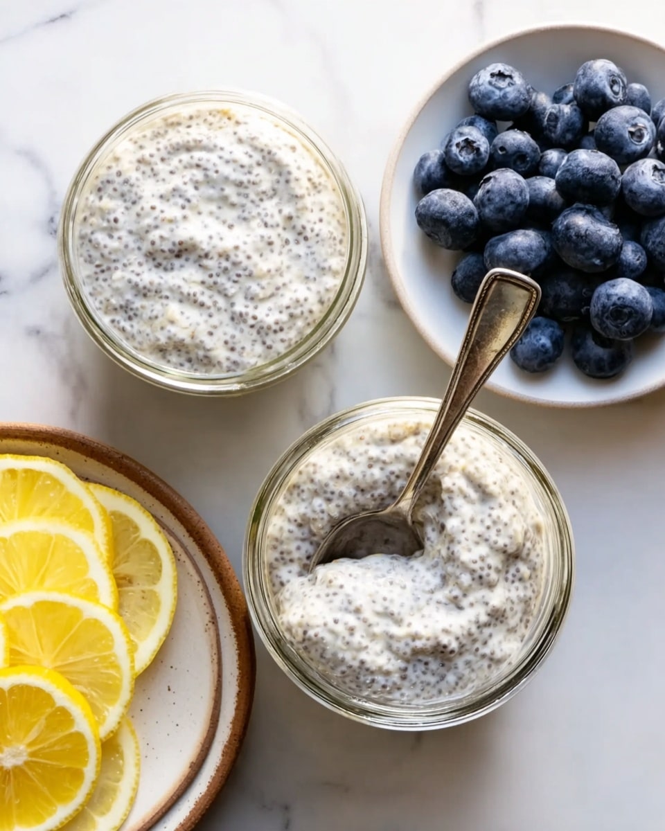 Two clear glass bowls are filled with a creamy mixture with visible chia seeds, giving a textured look with small, dark specks throughout. The bowl in the center has a shiny silver spoon resting inside, partially submerged in the mixture. On the right, there is a white plate holding fresh, plump blueberries with a deep blue color. Below, a white plate with a brown edge displays bright yellow lemon slices arranged neatly. The background and surface have a smooth white marbled texture. photo taken with an iphone --ar 4:5 --v 7