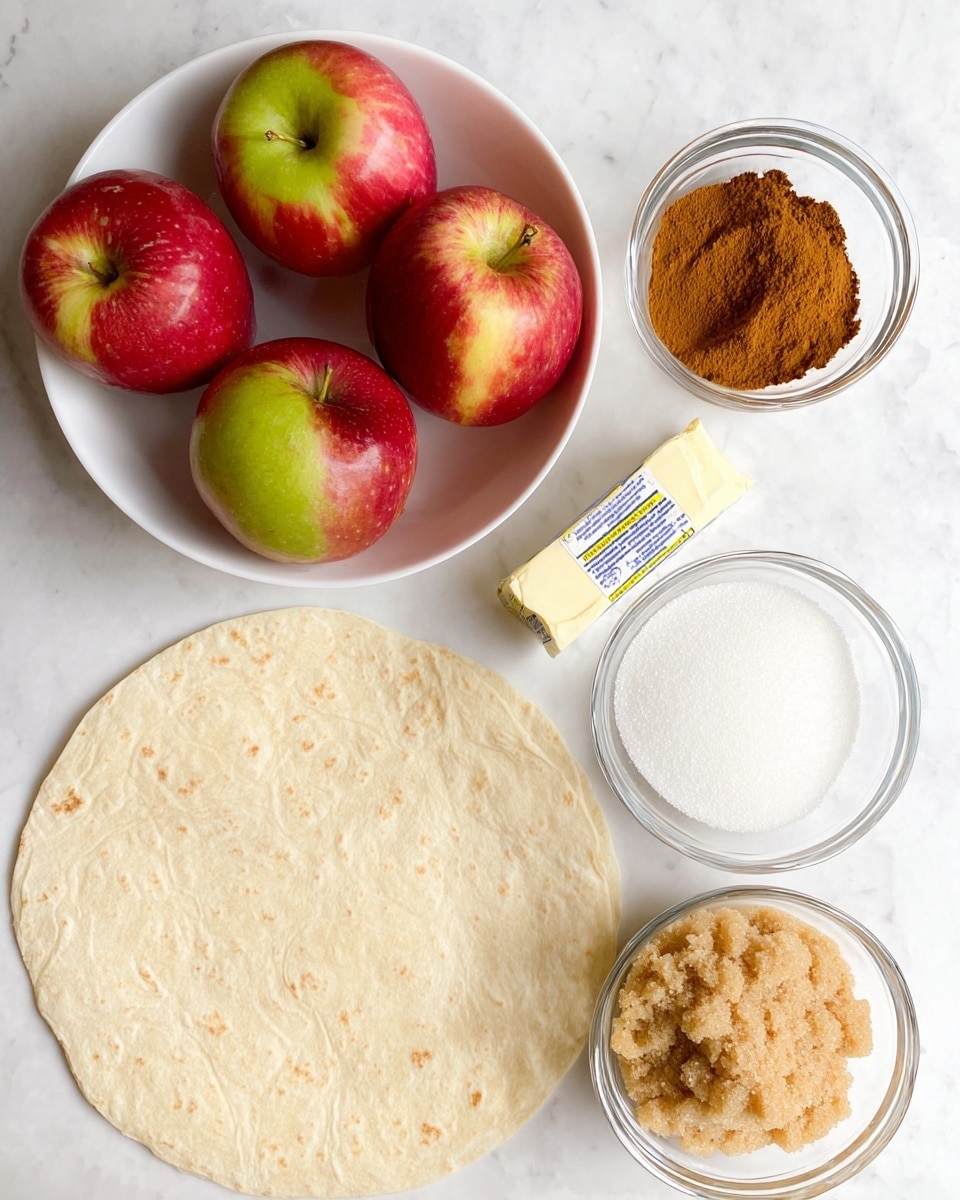 The image shows six items arranged on a white marbled surface: in the top left, a white bowl filled with three whole red and green apples with smooth skin; to the right of the apples, a small clear glass bowl containing a mound of brown cinnamon powder; below the cinnamon, a small stick of butter in its paper wrapper with blue and yellow markings; to the right of the butter, a small clear glass bowl filled with white granulated sugar; below the sugar, a small clear glass bowl holding light brown sugar with a crumbly texture; and on the left side of the image, a single large flour tortilla with a light beige color and soft texture, lying flat. photo taken with an iphone --ar 4:5 --v 7