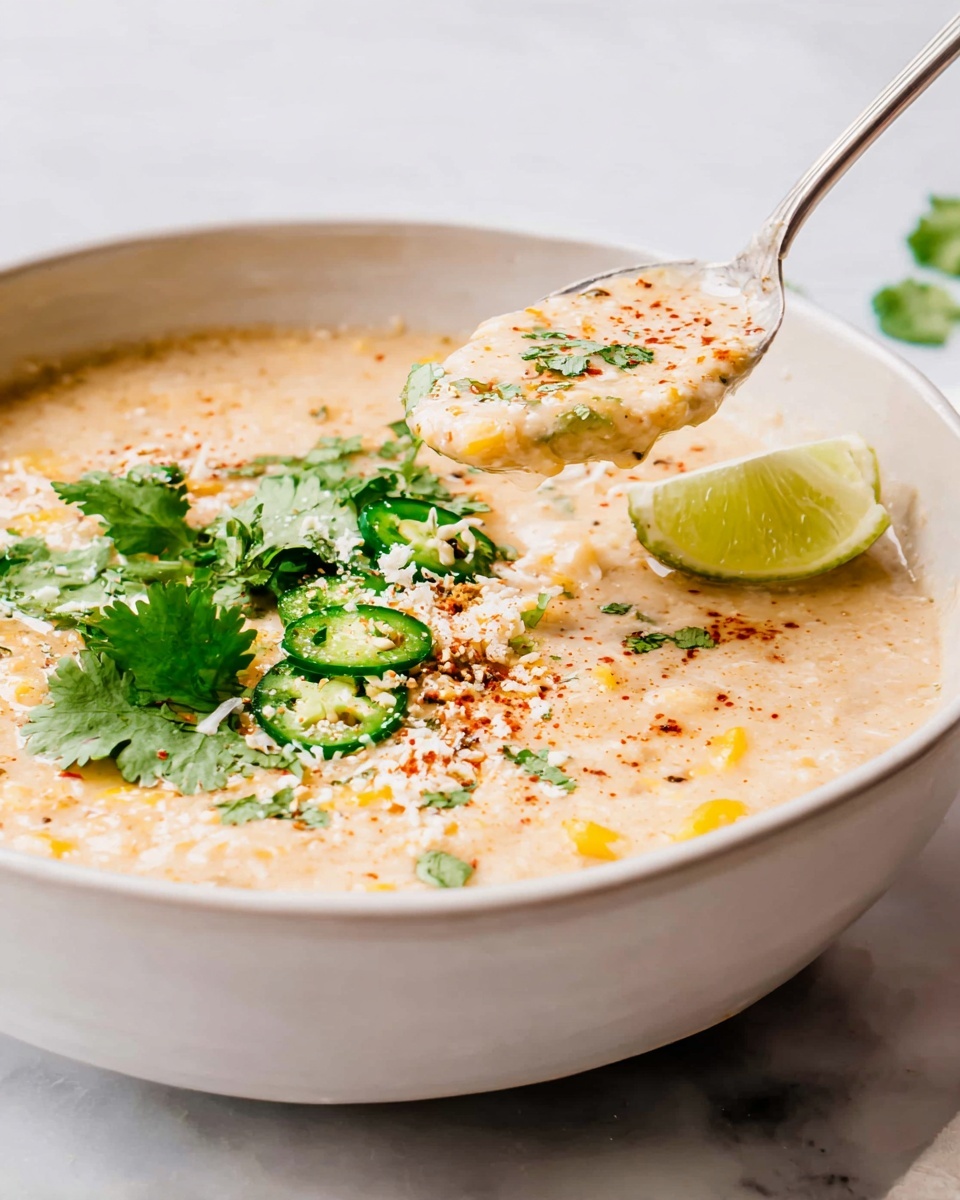 A white bowl filled with creamy textured soup that has a light beige color with small yellow bits visible, topped with fresh green cilantro leaves, a few slices of green chili, a sprinkle of red chili powder, and white grated cheese or crumbled cheese; a wedge of lime rests on the side inside the bowl, while a silver spoon holds a scoop of the soup above the bowl against a white marbled surface background. photo taken with an iphone --ar 4:5 --v 7