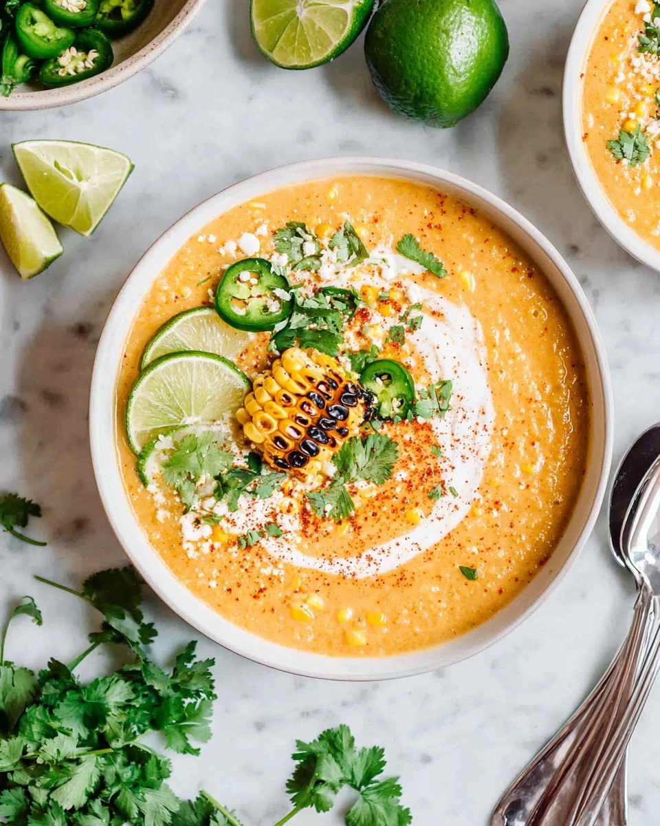A white bowl filled with creamy orange corn soup that has a thick texture showing bits of corn. On top, there is a swirl of white cream creating a curved shape, slices of green lime placed stacked toward the left side, a small charred grilled corn piece sitting in the middle, and thin green jalapeño slices. Fresh green cilantro leaves and small white cheese crumbs are scattered over the top, along with a light sprinkle of red chili powder. The bowl sits on a white marbled surface with green jalapeños, lime wedges, cilantro leaves, and two silver spoons nearby. photo taken with an iphone --ar 4:5 --v 7