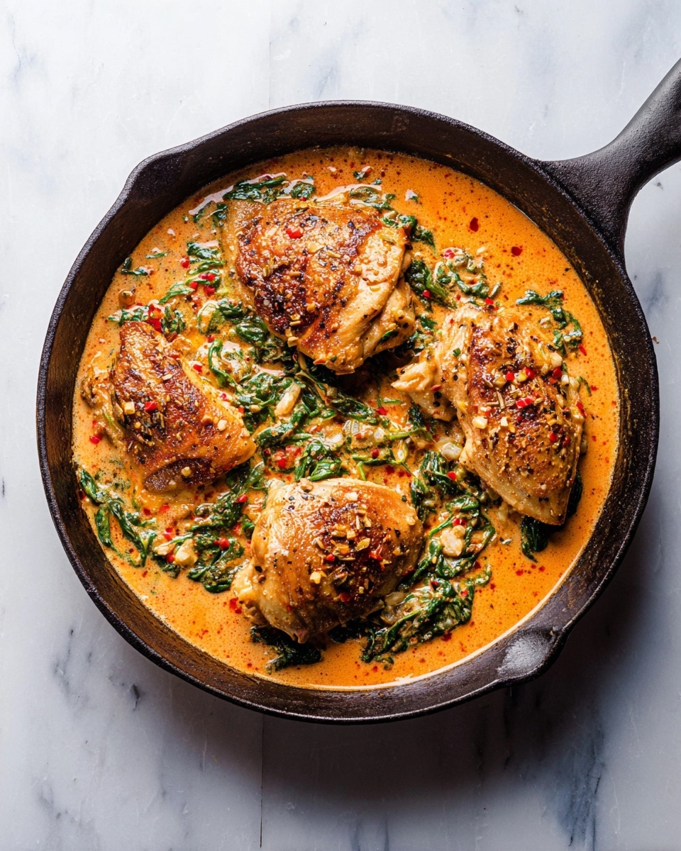 A black cast iron pan sits on a white marbled surface filled with four browned cooked chicken pieces on top of a thick orange sauce mixed with green spinach leaves and small bits of seasoning. The sauce looks creamy and covers the base of the pan, surrounding the chicken. The chicken pieces have a slightly crispy texture and are arranged close to each other in the middle of the pan. Small red chili flakes are scattered on top, adding specks of color. The pan handle extends to the right side, showing the full skillet. Photo taken with an iphone --ar 4:5 --v 7