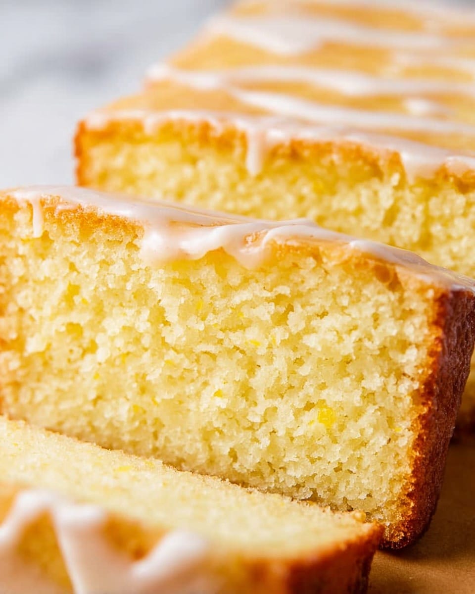 This image shows a close-up of sliced yellow cake with a soft and moist texture. The cake has two visible layers: a thick, fluffy yellow base and a golden-brown top layer. On top of the cake is a thin, white glaze that is drizzled unevenly over each slice. The cake slices are arranged close together, with the glazed tops catching light that makes the surface look slightly shiny. The background features a white marbled texture. photo taken with an iphone --ar 4:5 --v 7