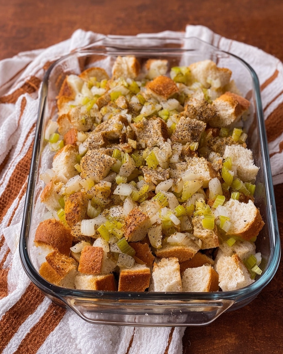 A clear glass rectangular baking dish holds a mixture of roughly torn pieces of white bread with crusts, layered unevenly across the surface. On top of the bread, there is a scattered layer of cooked vegetables, mainly small chunks of celery and onions, with a light sprinkling of black pepper or seasoning all over. The dish sits on a brown surface with a white and brown striped cloth partially visible underneath. The overall look is rustic and ready for baking. photo taken with an iphone --ar 4:5 --v 7